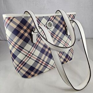 Gianni Bernini Plaid‎ Tote Bag White Blue Beige Red Faux Leather Carryall